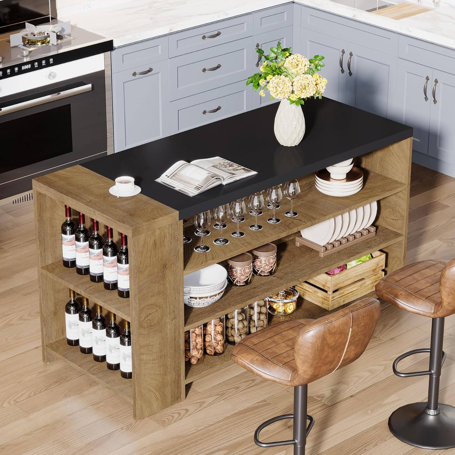 Tribesigns 55' Kitchen Island with Storage, Farmhouse 5-Tier Stationary Island Table with 5 Shelves, Wood Coffee Bar Table Storage Cabinet with Large Countertop for Kitchen, Vintage Brown