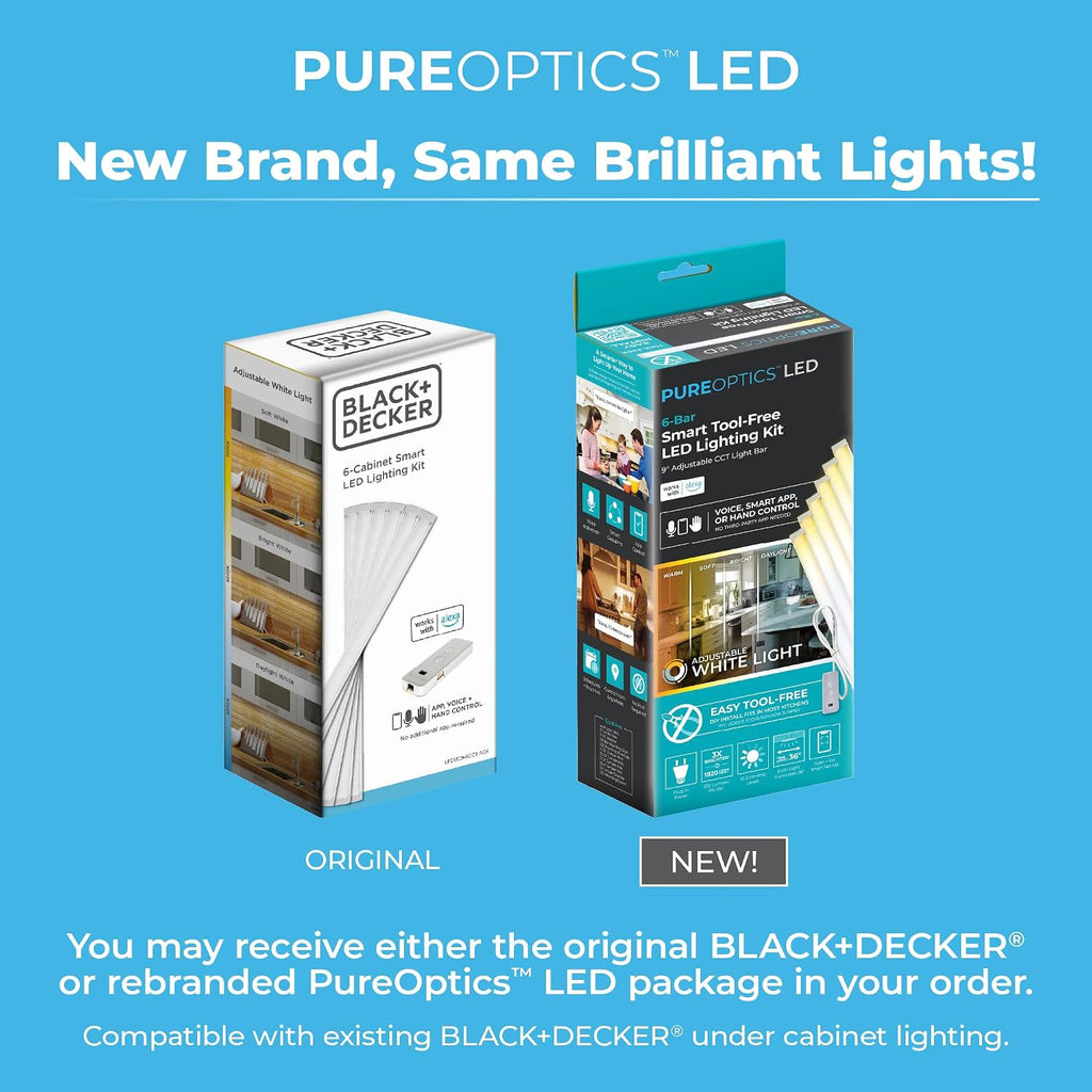 PureOptics LED Works with Alexa Smart Under Cabinet Lighting Kit, Adjustable LEDs, (6) 9' Bars, White