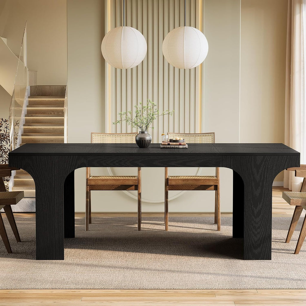 Tribesigns 71-Inch Farmhouse Dining Table for 6-8, Long Modern Wooden Kitchen Table with Arched Design, Large Rectangular Dining Furniture with Double Pedestal for Dinner Room, Black