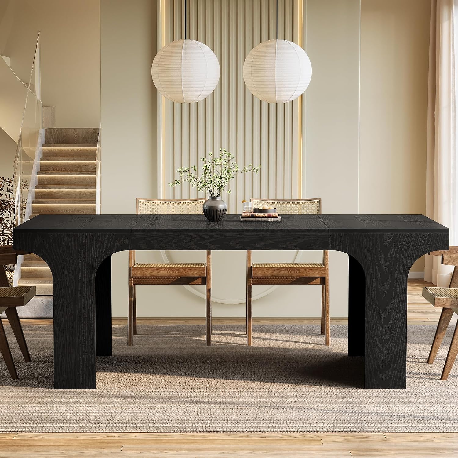 Tribesigns 71-Inch Farmhouse Dining Table for 6-8, Long Modern Wooden Kitchen Table with Arched Design, Large Rectangular Dining Furniture with Double Pedestal for Dinner Room, Black