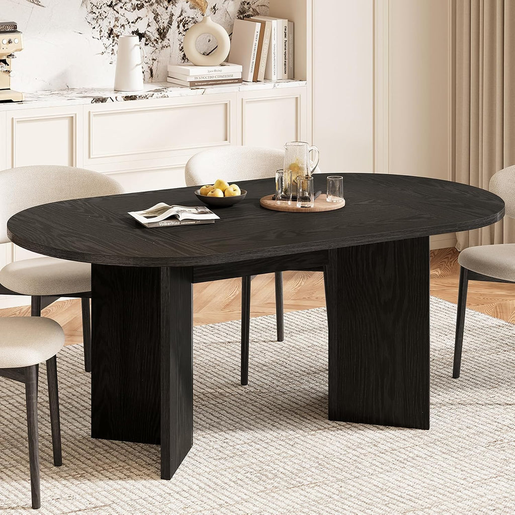 LITTLE TREE 63' Rustic Oval Dining Table for 4-6, Sturdy MDF Farmhouse Kitchen Table with Metal Strip Base, for Living Room, Office, Restaurant, Multi-Use, Black