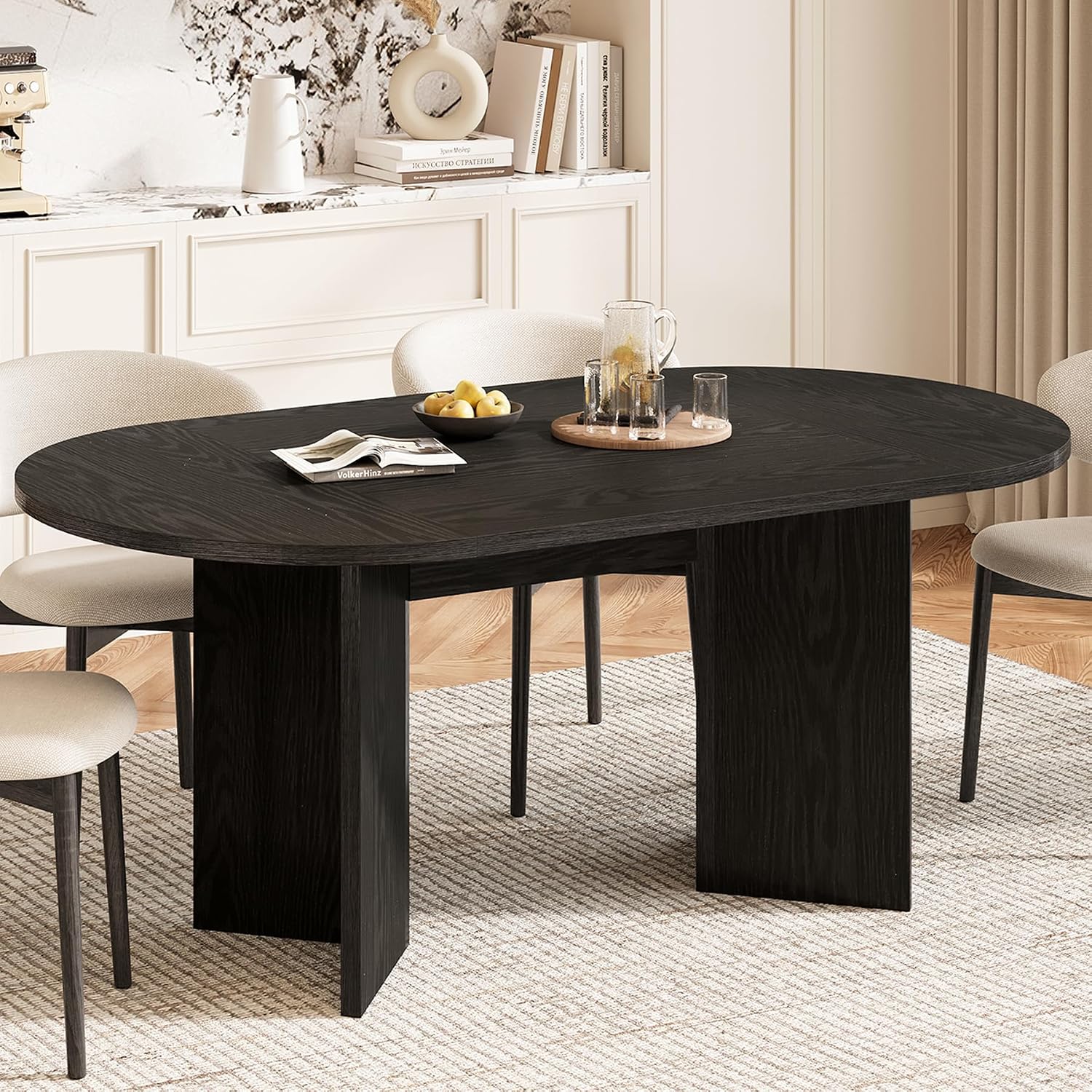 LITTLE TREE 63' Rustic Oval Dining Table for 4-6, Sturdy MDF Farmhouse Kitchen Table with Metal Strip Base, for Living Room, Office, Restaurant, Multi-Use, Black