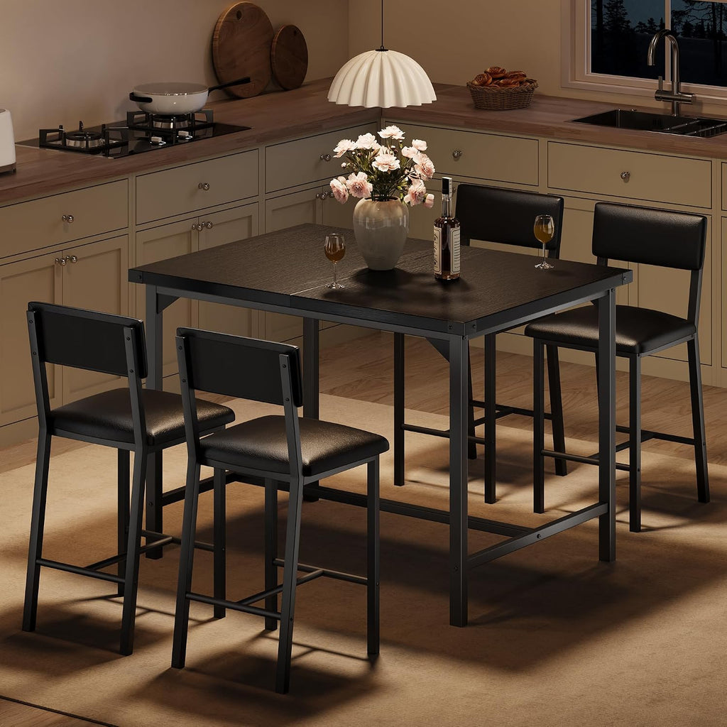 GarveeHome Dining Table Set for 4 w/Corner Protecto, Dining Room Table Set with Footrest & Backrest, Counter Height Table with 4 Upholstered Bar Stools, for Apartment, Pub, Rustic Black