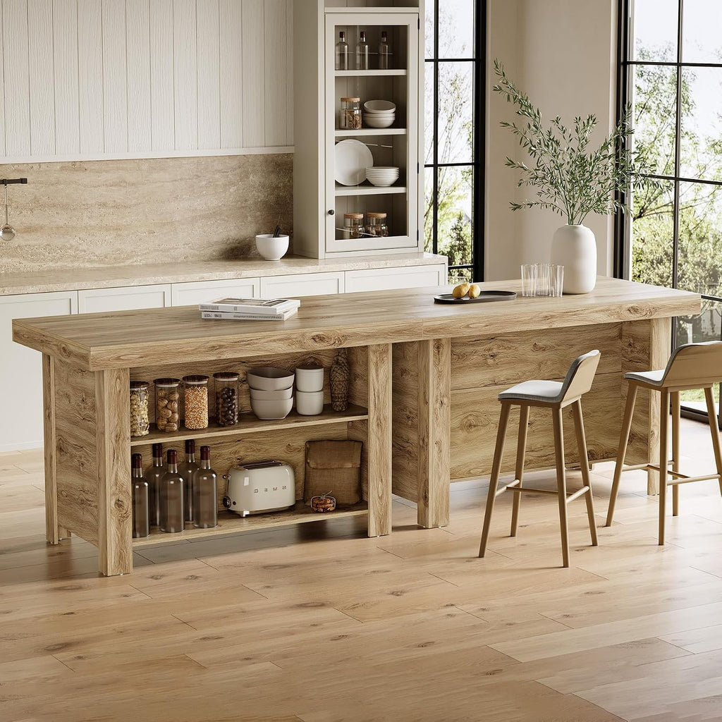 LITTLE TREE 55 Inches Kitchen Island with Storage, 3-Tier Farmhouse Wooden Stationary Island Table with Large Worktop & Leg Room, Modern Coffee Bar Table with Storage Shelf for Kitchen, Oak