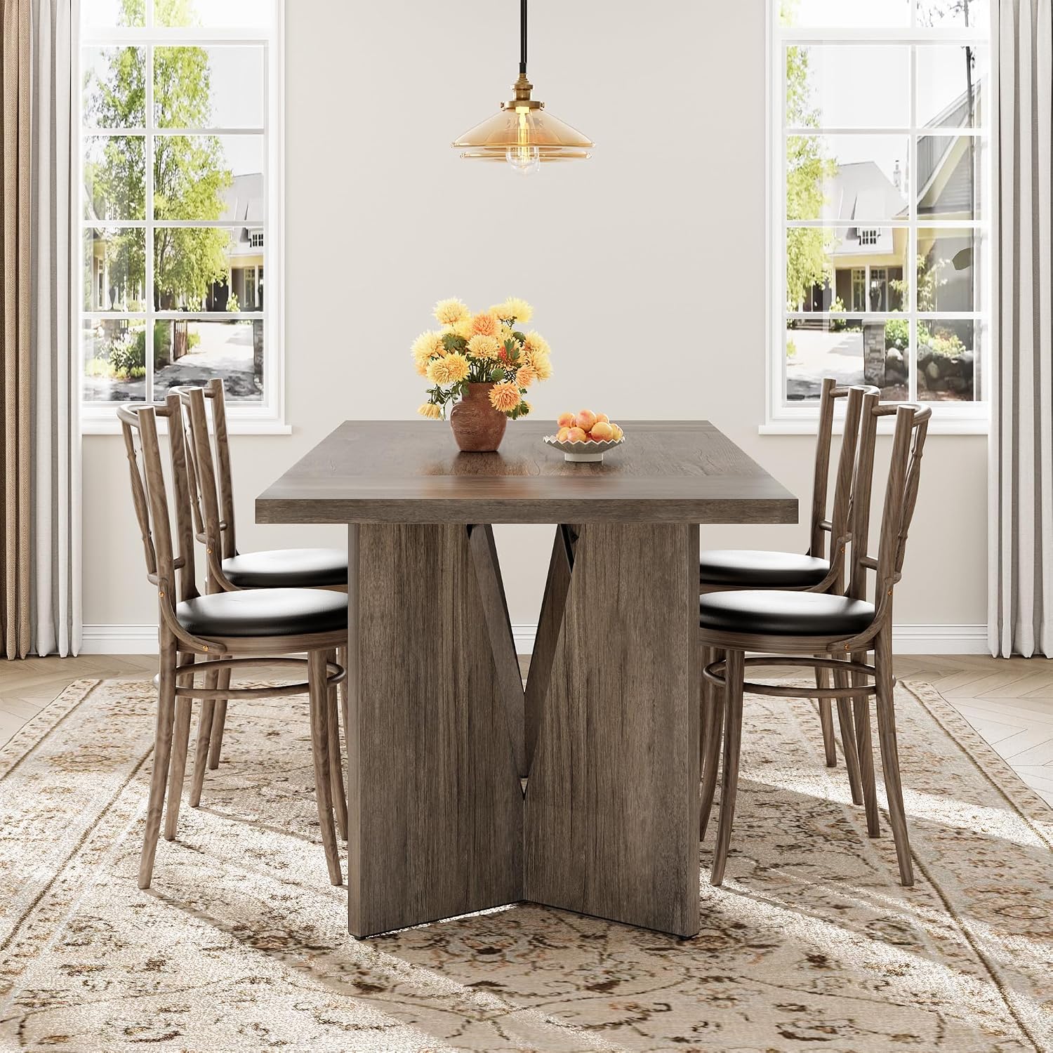 GarveeHome 70.9'' Rectangular Dining Table for 6-8, Wooden Thickened Long Desk, Farmhouse Kichen Table with Sturdy Frame and M-Shaped Legs, for Dining Room, Kitchen, Living Room, Office, Grey