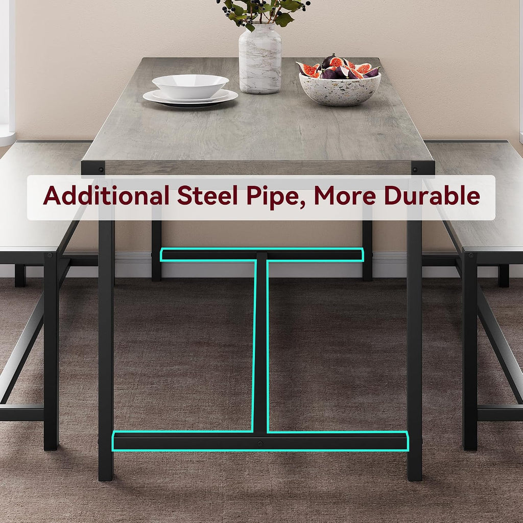 IDEALHOUSE Dining Table Set for 4, Kitchen Table with Benches, Rectangular Dining Room Table Set with 2 Metal Wood Benches, 3 Piece Dining Table Set for Small Space, Apartment, Dinette, Retro Gray