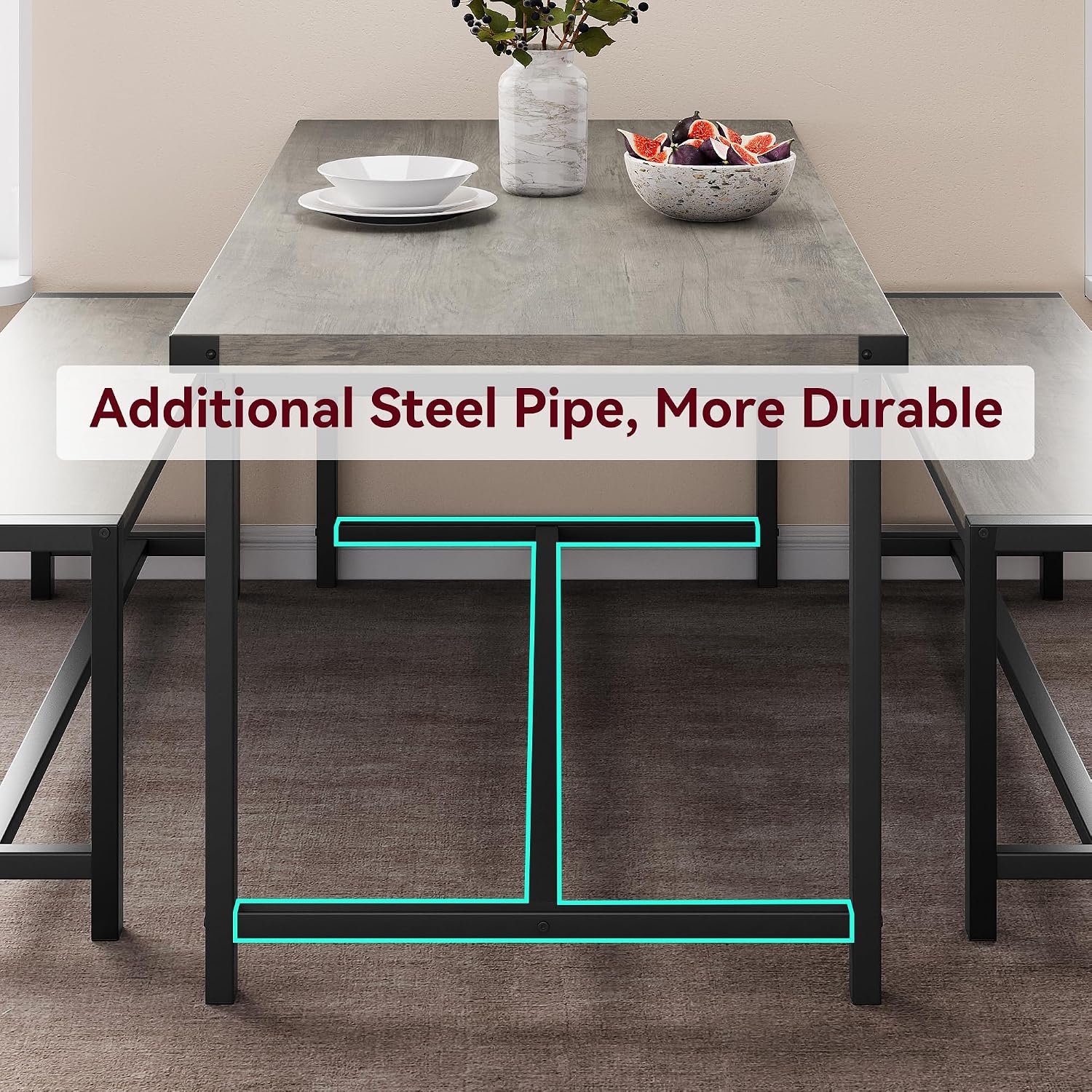 IDEALHOUSE Dining Table Set for 4, Kitchen Table with Benches, Rectangular Dining Room Table Set with 2 Metal Wood Benches, 3 Piece Dining Table Set for Small Space, Apartment, Dinette, Retro Gray