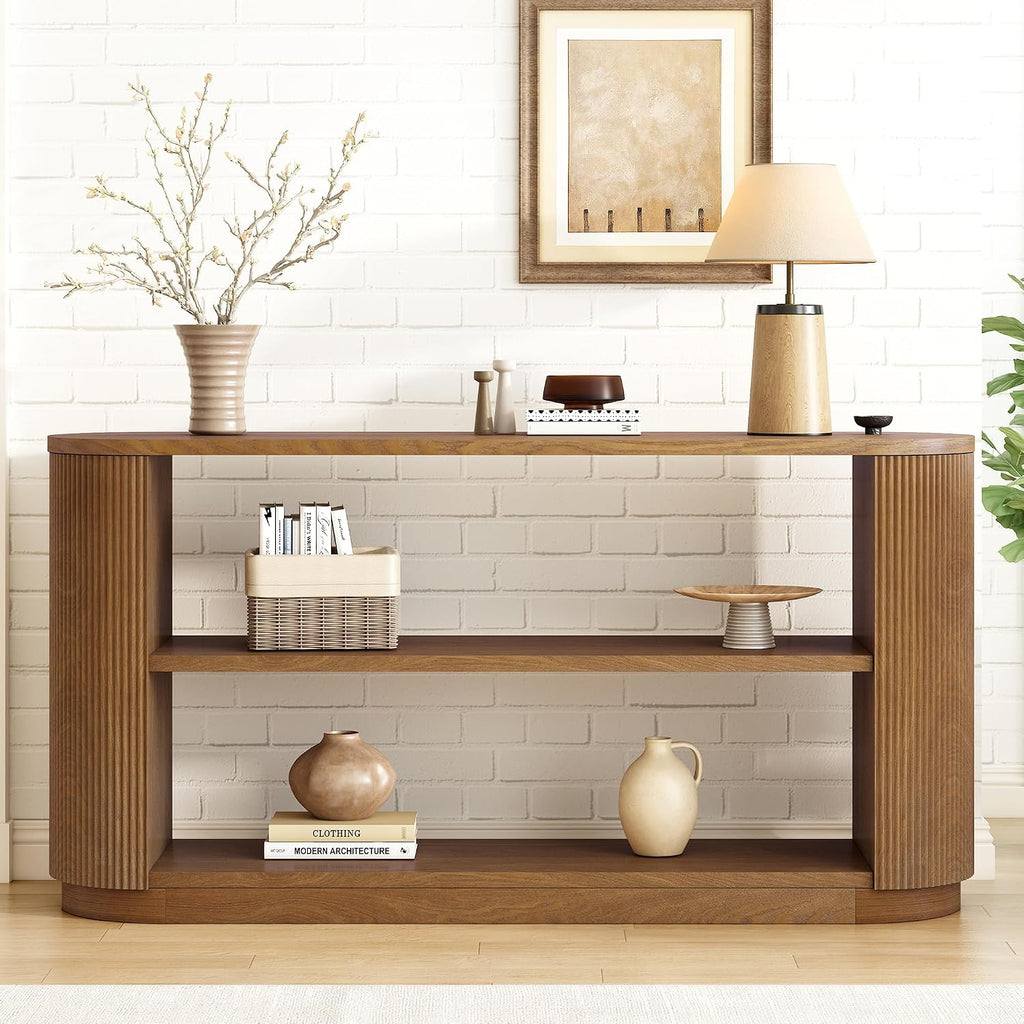 Modern Curved Console Table 59-Inch Oval Fluted Entry Sofa Table with Open Storage Shelves for Living Room Entryway Hallway Furniture, Brown
