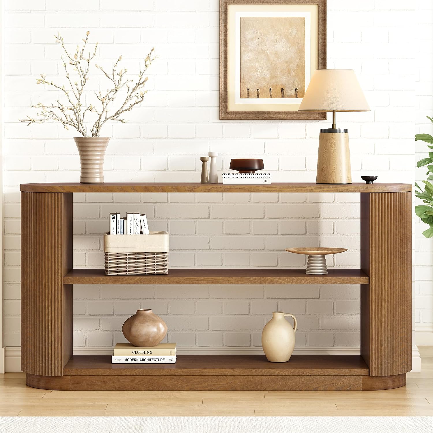 Modern Curved Console Table 59-Inch Oval Fluted Entry Sofa Table with Open Storage Shelves for Living Room Entryway Hallway Furniture, Brown