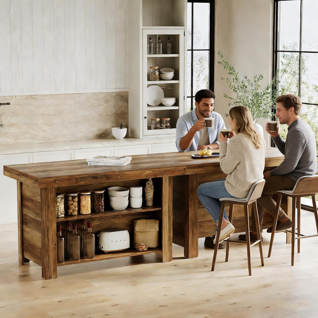 LITTLE TREE 55 Inches Kitchen Island with Storage, 3-Tier Farmhouse Wooden Stationary Island Table with Large Worktop & Leg Room, Modern Coffee Bar Table with Storage Shelf for Kitchen, Rustic Brown