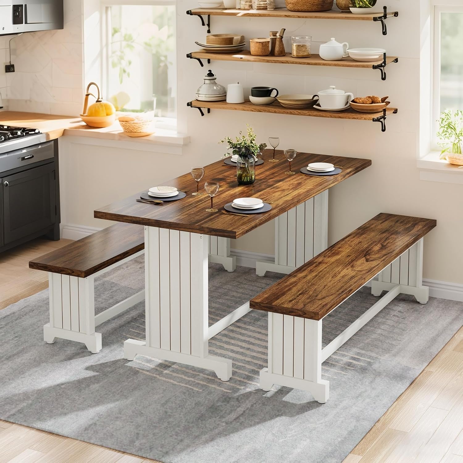 Tribesigns 47-Inch Small Dining Table Set for 2, 3-Piece Kitchen Table with 2 Benches, Farmhouse Wood Dinner Furniture for Narrow Space, Apartment, White & Rustic Brown