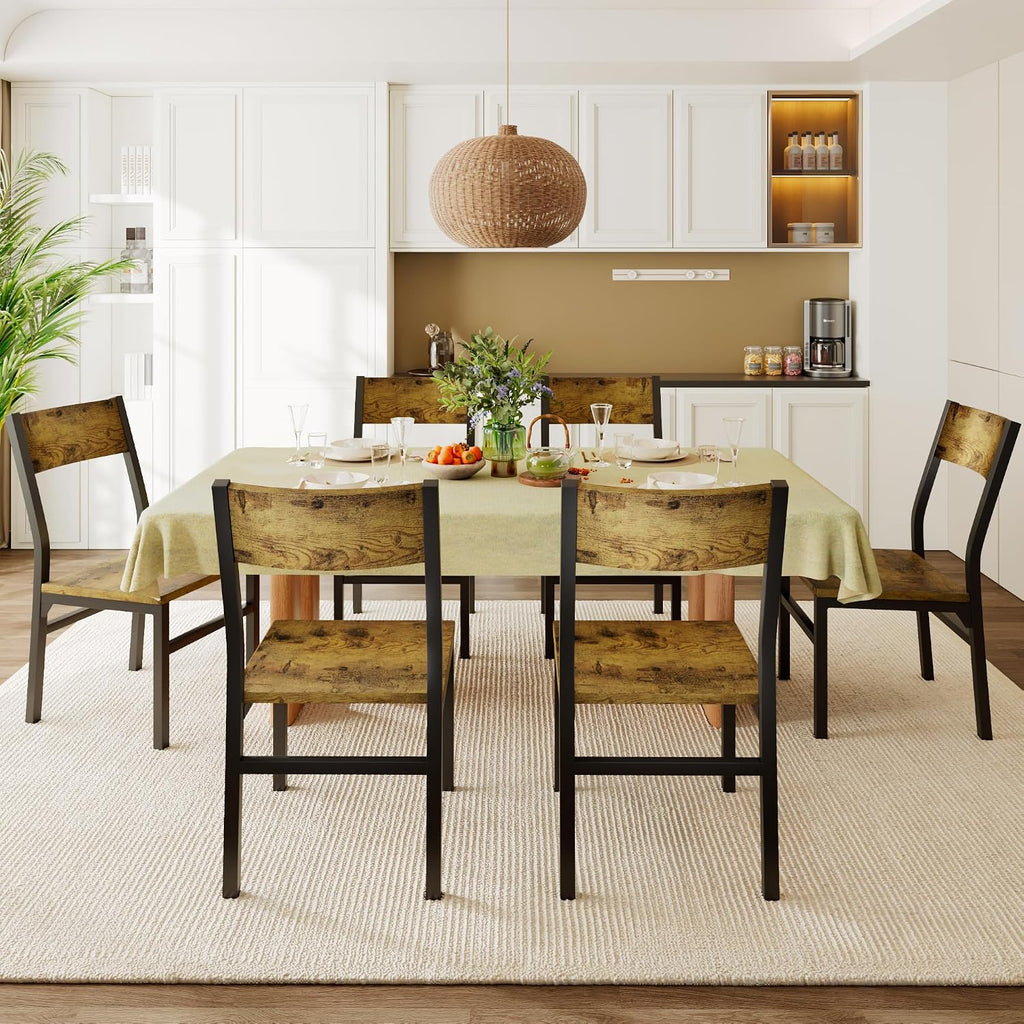 Feonase Dining Chairs Set of 6, Modern Kitchen Chairs with Ergonomic Backrest, MDF Board and Metal Legs, Dinner Chairs for Dining Room, Kitchen and Living Room, Rustic Brown