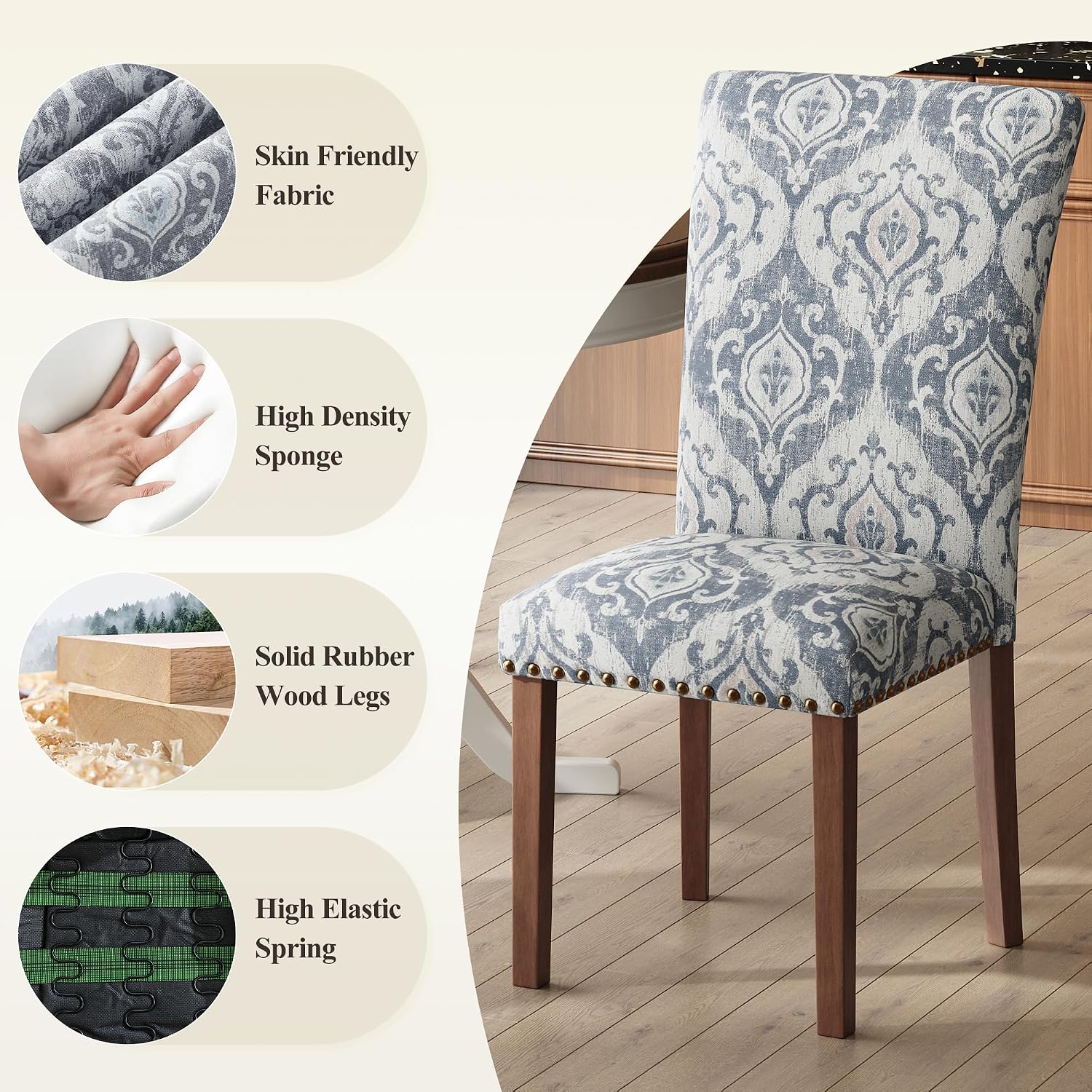 COLAMY Upholstered Parsons Dining Chairs Set of 6, Fabric Dining Room Kitchen Side Chair with Nailhead Trim and Wood Legs - Blue/White Flower