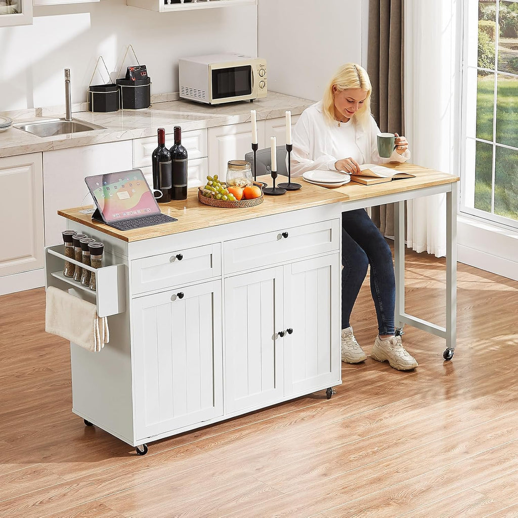 ONBRILL Kitchen Islands with Extendable Dining Table, 81.7' Mobile Kitchen Storage Islands, Rolling Kitchen Cart with Trash Cabinet, Power Outlet, Spice Rack & Towel Rack (White)