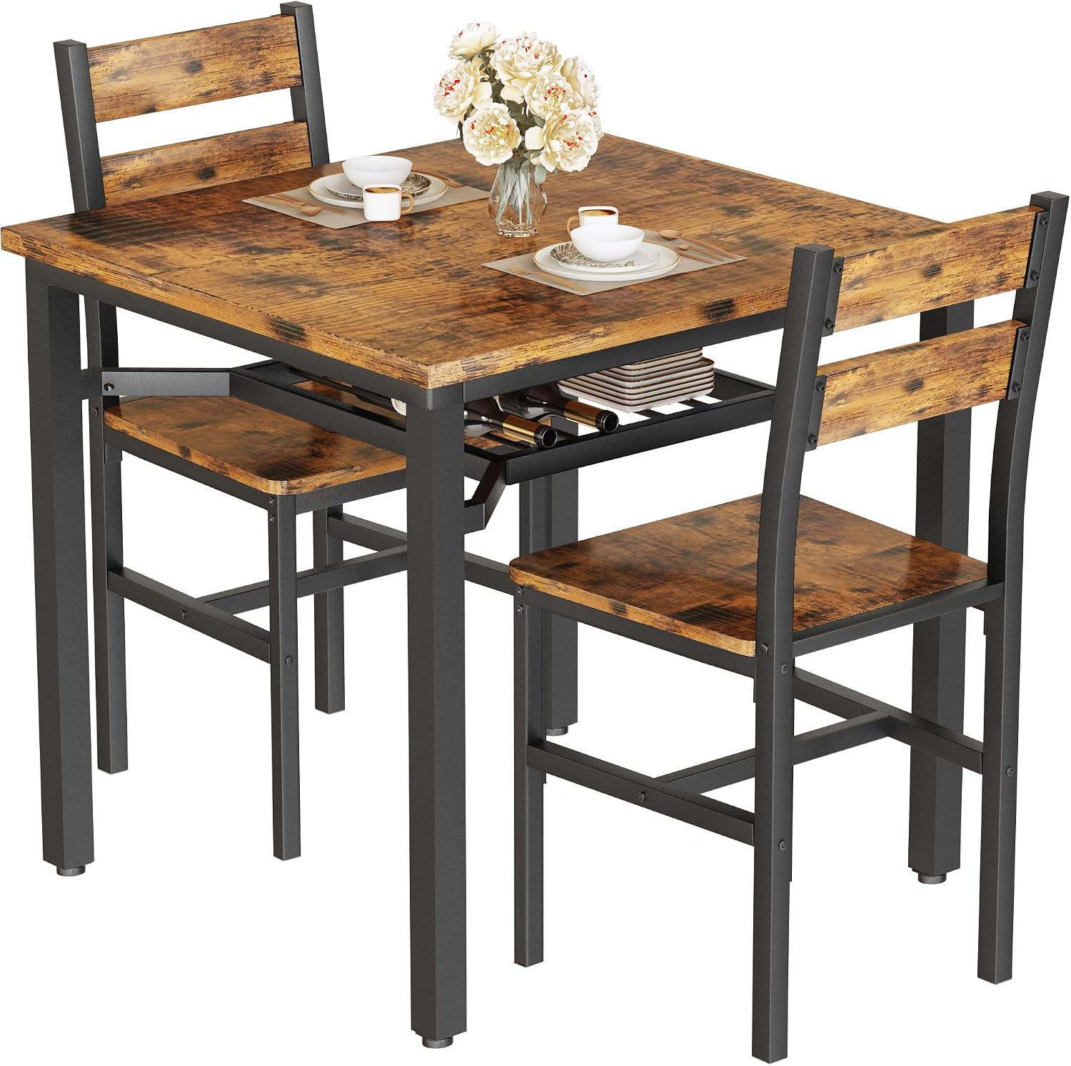 Hooseng 3 Piece Dining Table Set for 2, Small Wooden Kitchen Table with Storage, Farmhouse Square Dinette Set for Dining Room, Breakfast Nook, Apartment, Small Space