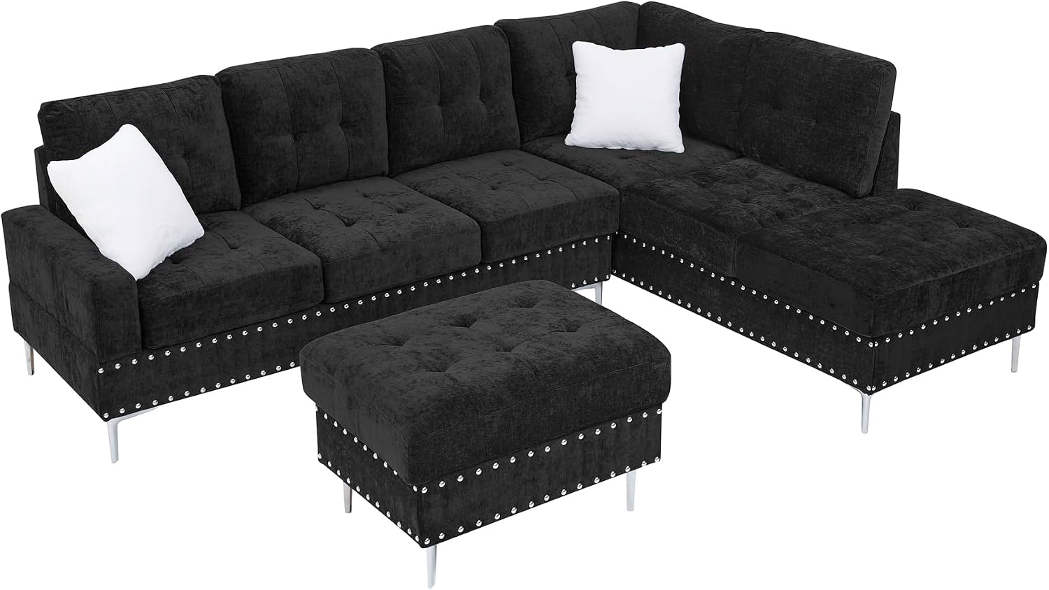 102' L-Shaped Sectional Coch with Chaise & Storage Ottoman, 4-Seater Chenille Upholstered Corner Sofa Couch with Metal Legs & Copper Rivets, Sectional Couches for Living Room with Pillow Back, Black