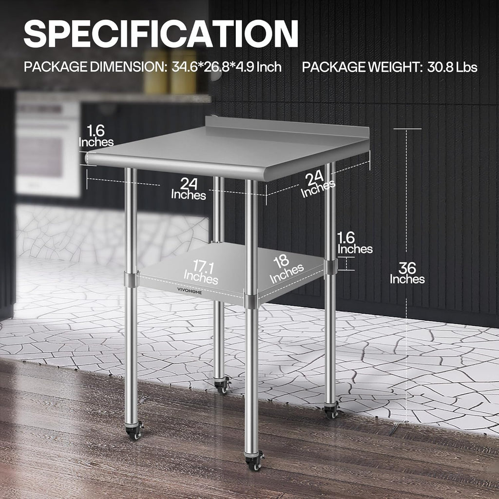 VIVOHOME 24 x 24 Inch Stainless Steel Work Table with Backsplash, Prep Commercial Table with Wheels for Restaurant, Hotel, Home and Warehouse