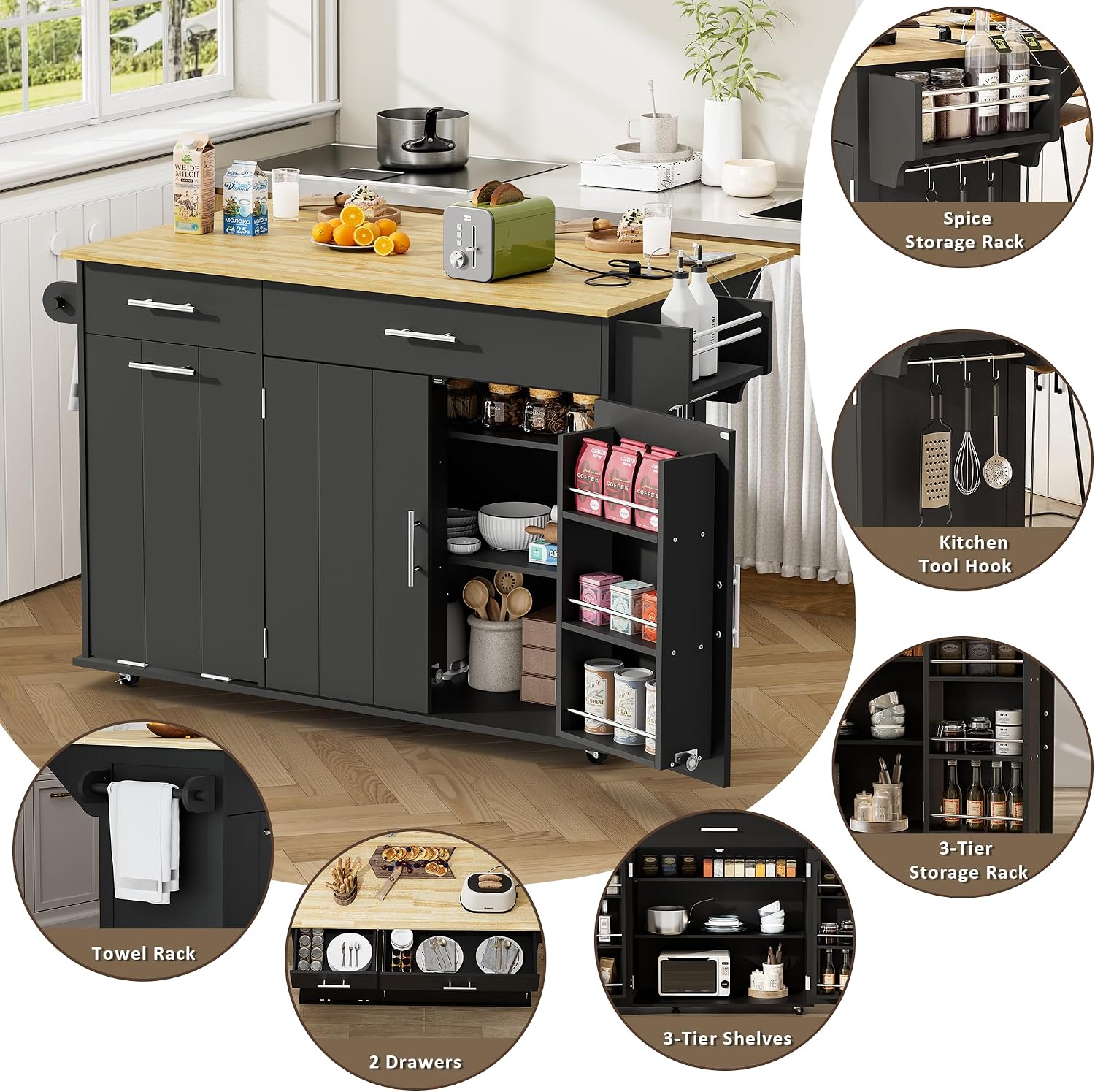 HQZX Rolling Kitchen Island with Trash Can Storage, Portable Kitchen Island Cart on Wheels with Drop Leaf & Power Outlet, Towel Rack & Spice Rack, Large Mobile Island Table for Kitchen, Black