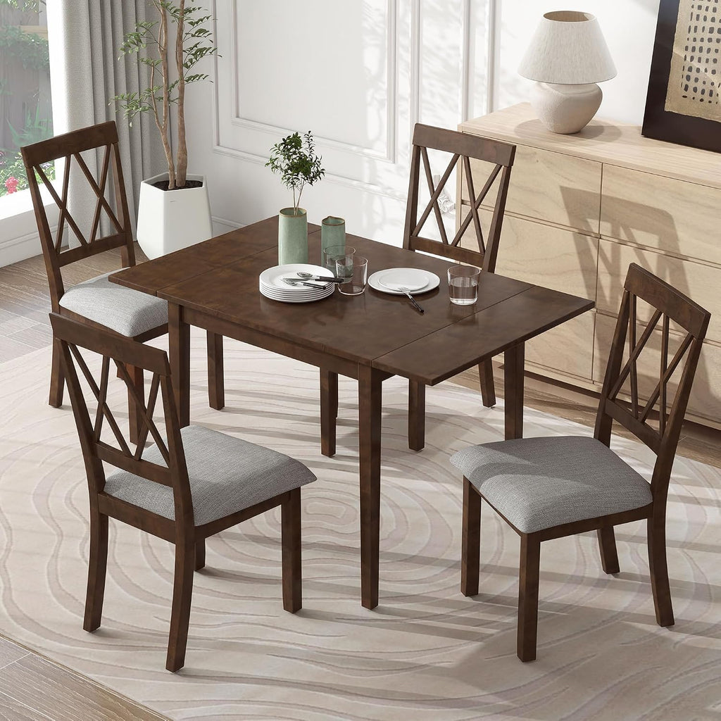 Harper & Bright Designs 5-Piece Wood Drop Leaf Dining Table Set with 4 X-Back Chairs, Space-Saving Breakfast Nook Dining Set, Brown + Grey Cushion