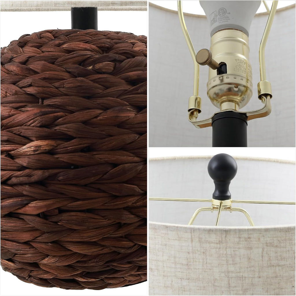 JONATHAN Y 21.5' Dark Brown Modern Coastal Woven Rattan Globe LED Table Lamp for Bedroom, Oatmeal Linen Drum Shade, LED Bulb Included, Rustic Bedside Lamp for Living Room (JYL6514B)