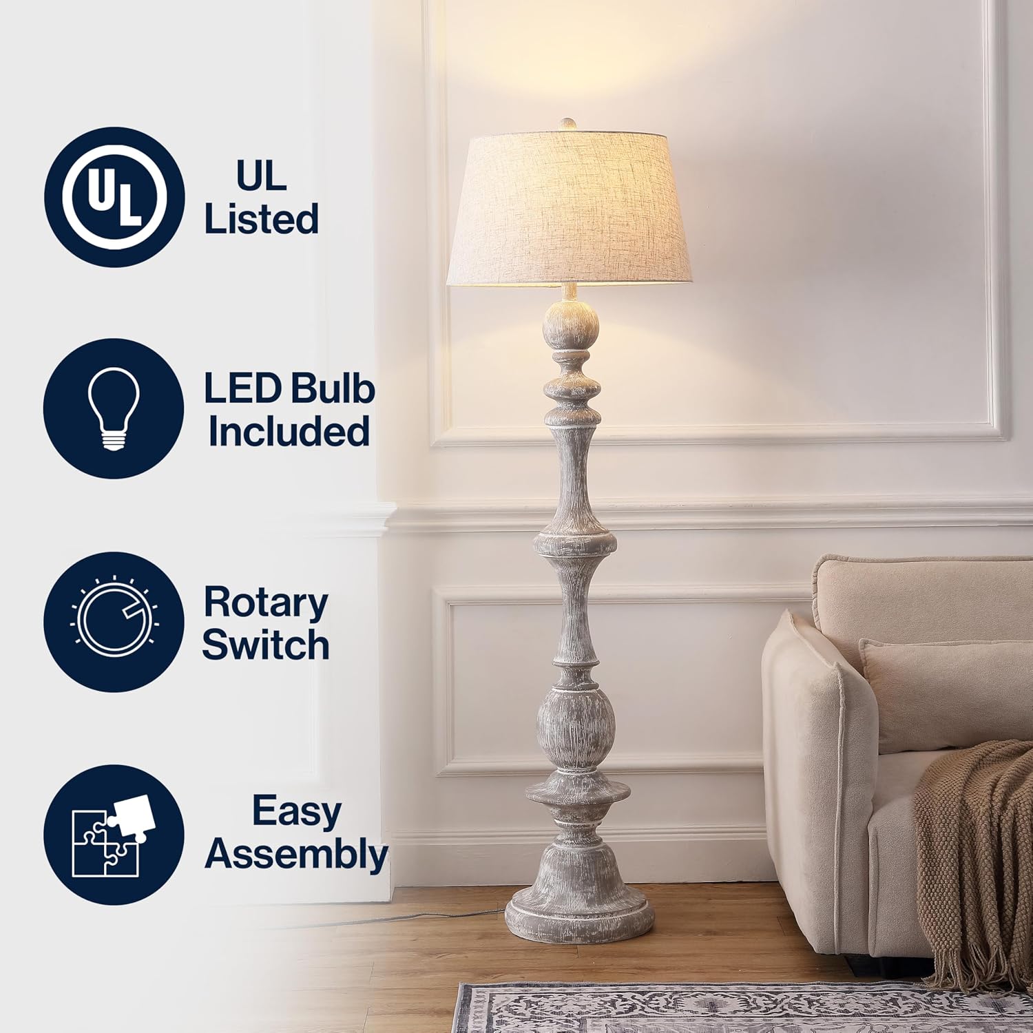 JONATHAN Y 67' Wash Gray Resin Candlestick Floor Lamp Farmhouse Rustic Traditional Standing Lamp for Living Room with Wash Gray Linen Empire Shade LED Bulb Included JYL3000C