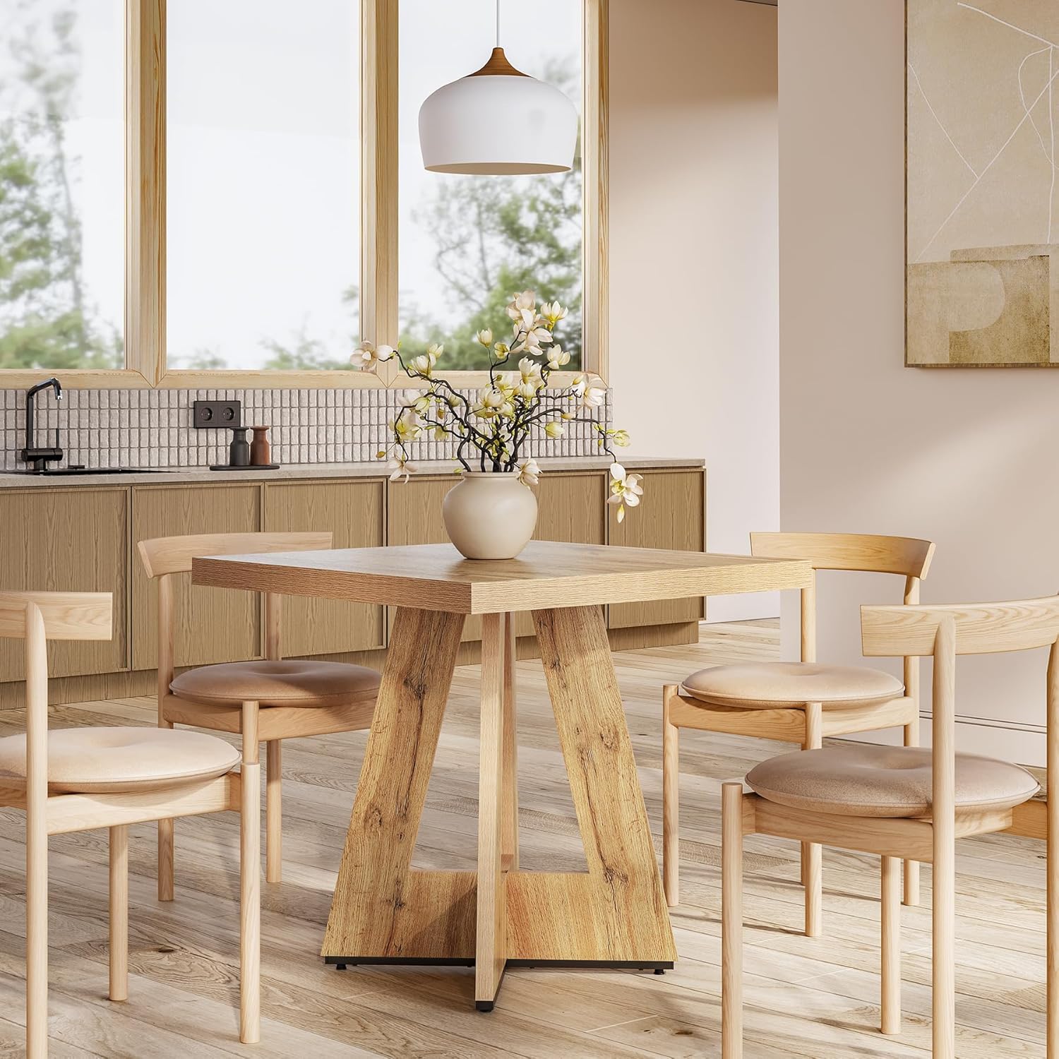 LITTLE TREE 31.5' Square Dining Table for 4, Small Space Kitchen Table with Pedestal Base, Farmhouse Wood Tables for Apartment, Dining Room & Living Room, Ideal for Cafe & Restaurant Use (Brown)