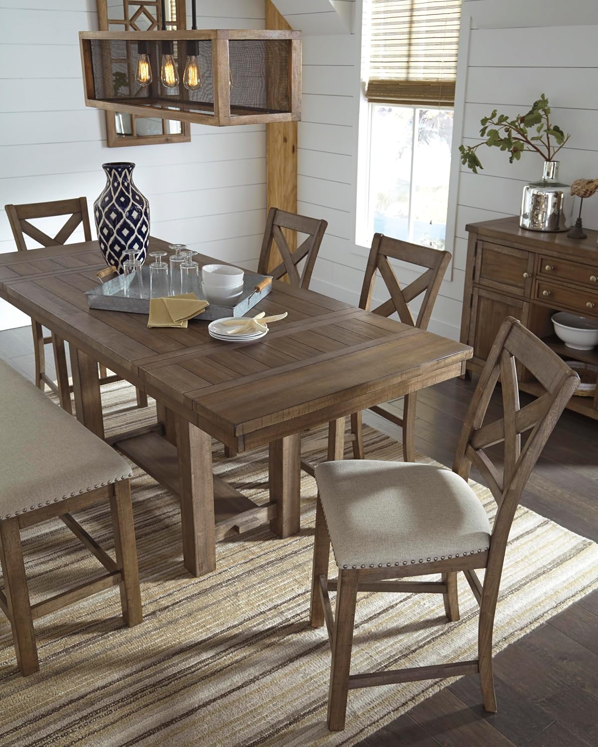 Signature Design by Ashley Moriville Rustic Farmhouse Counter Height Dining Extension Table, Separate Extension Leaves, Seats 8, Wood, 36' W x 86' D x 36' H, Brown