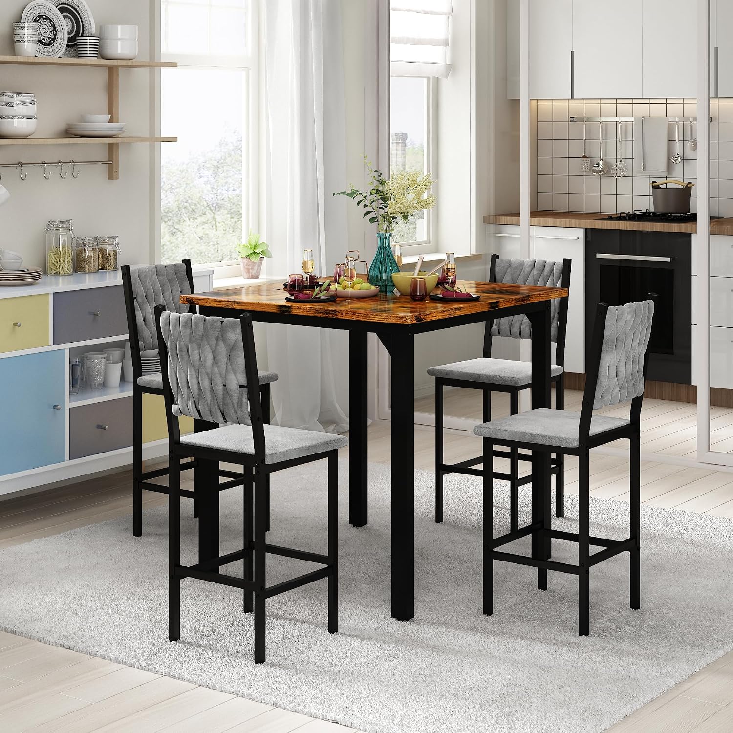AWQM 5-Piece Dining Table Set, Dining Table Set for 4, Counter Height Table & 4 Velvet Bar Stools, Modern Kitchen Dining Set, Compact Dining Set for Small Spaces (Walnut Color & Velvet Chairs)