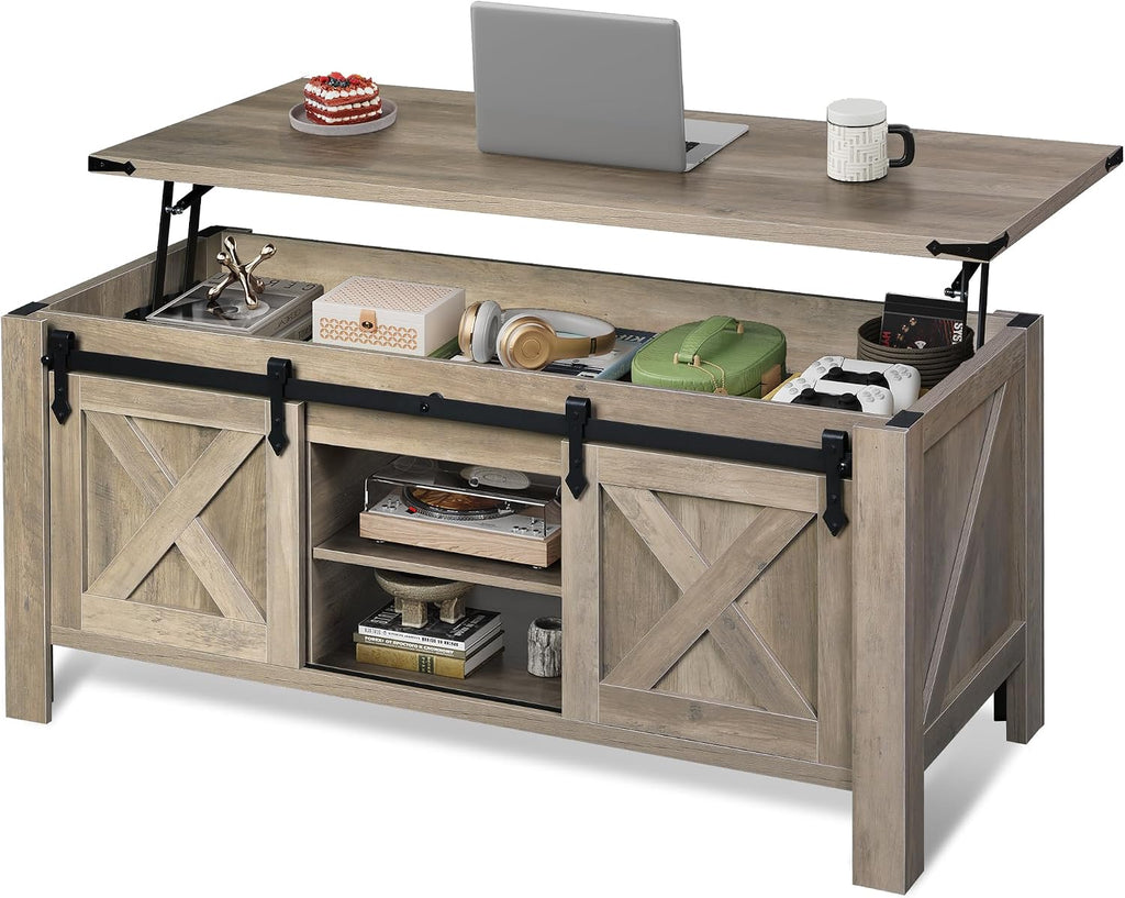 WLIVE 47.2' Farmhouse Lift Top Coffee Table with Sliding Barn Doors, Large Hidden Storage Compartment and Adjustable Shelf for Living Room,Office, Greige