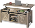WLIVE 47.2' Farmhouse Lift Top Coffee Table with Sliding Barn Doors, Large Hidden Storage Compartment and Adjustable Shelf for Living Room,Office, Greige