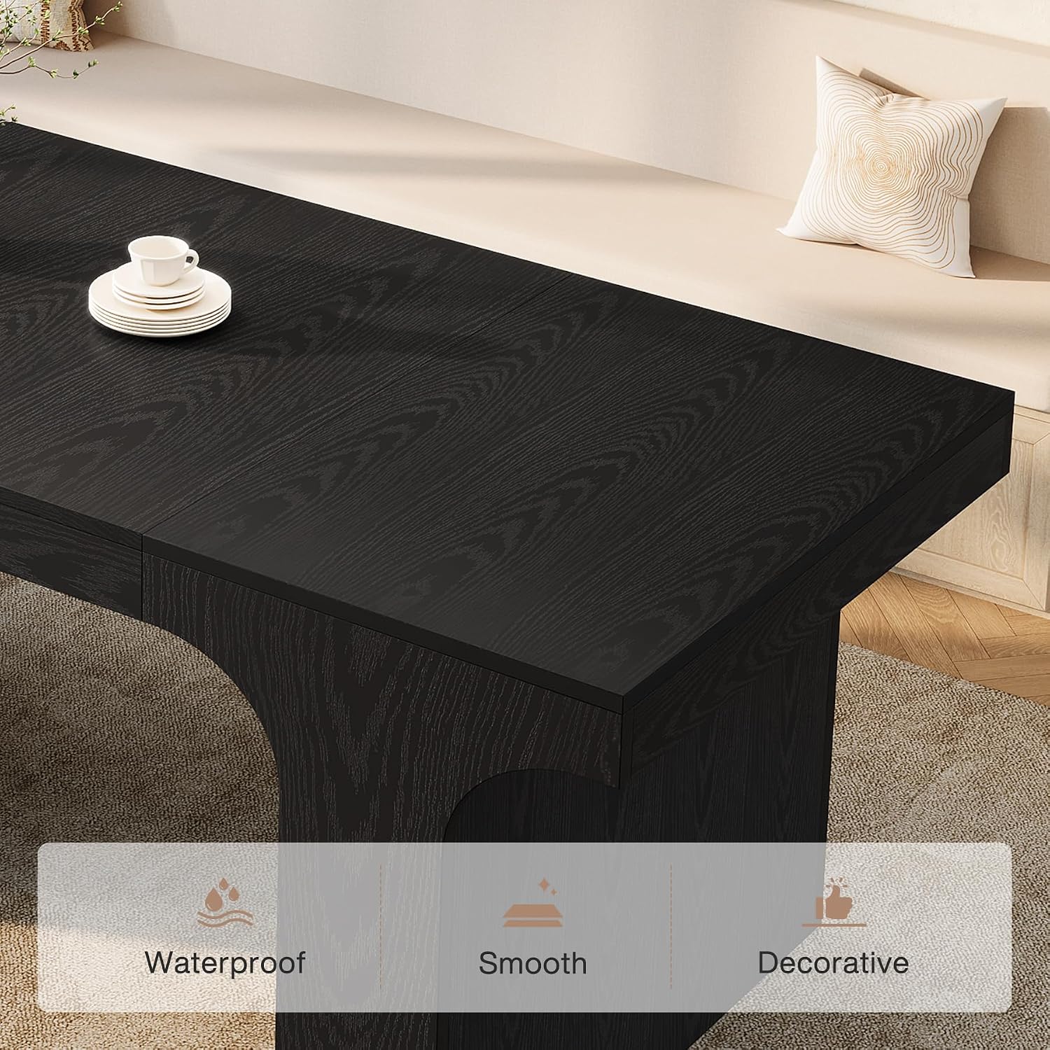 Tribesigns 71-Inch Farmhouse Dining Table for 6-8, Long Modern Wooden Kitchen Table with Arched Design, Large Rectangular Dining Furniture with Double Pedestal for Dinner Room, Black