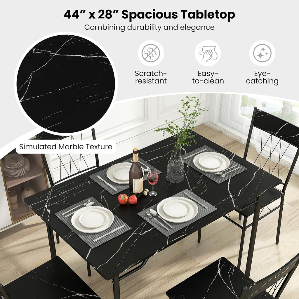 Giantex Dining Table Set for 4, 5-Piece Breakfast Nook with Kitchen Table, 4 Dining Chairs, Metal Frame, Space-Saving Dinette Table Set for 4, Small Place, Kitchen Table Chairs Set of 4 (Marble Black)