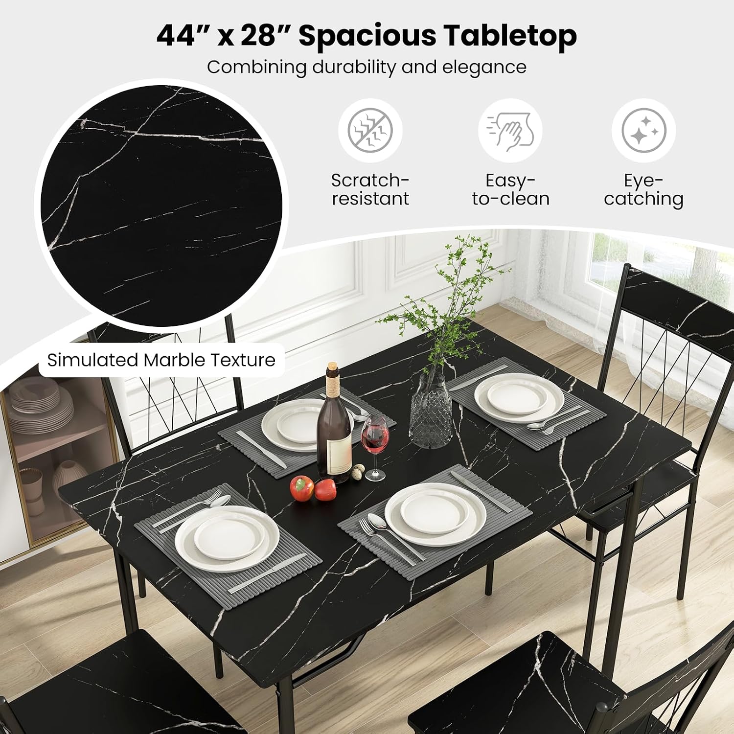 Giantex Dining Table Set for 4, 5-Piece Breakfast Nook with Kitchen Table, 4 Dining Chairs, Metal Frame, Space-Saving Dinette Table Set for 4, Small Place, Kitchen Table Chairs Set of 4 (Marble Black)