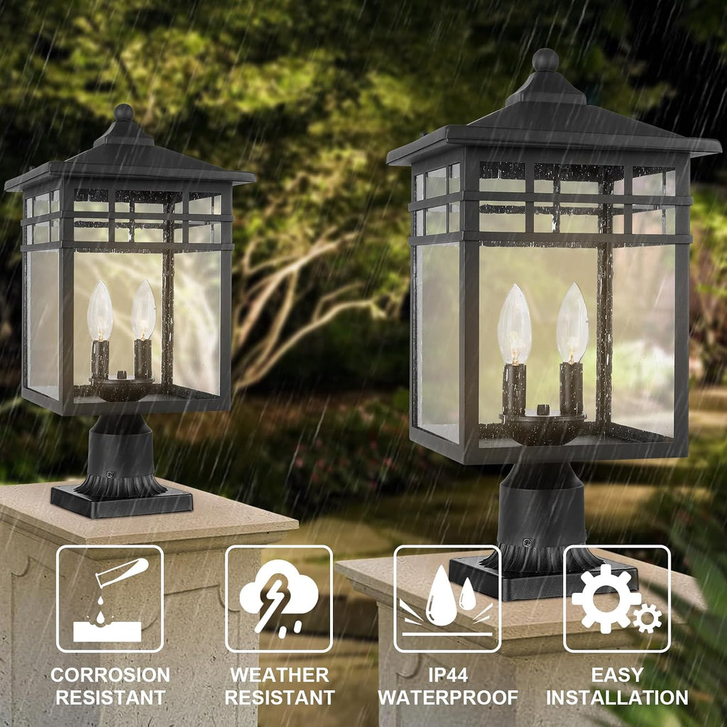 Outdoor Post Light Fixture, 2-Light Large Exterior Pillar Lantern with Black Finish & Seeded Glass, 10 Inch Square Pier Mount Lamp for Garden, Backyard, Courtyard, Patio, Deck, Pathway, Walkway