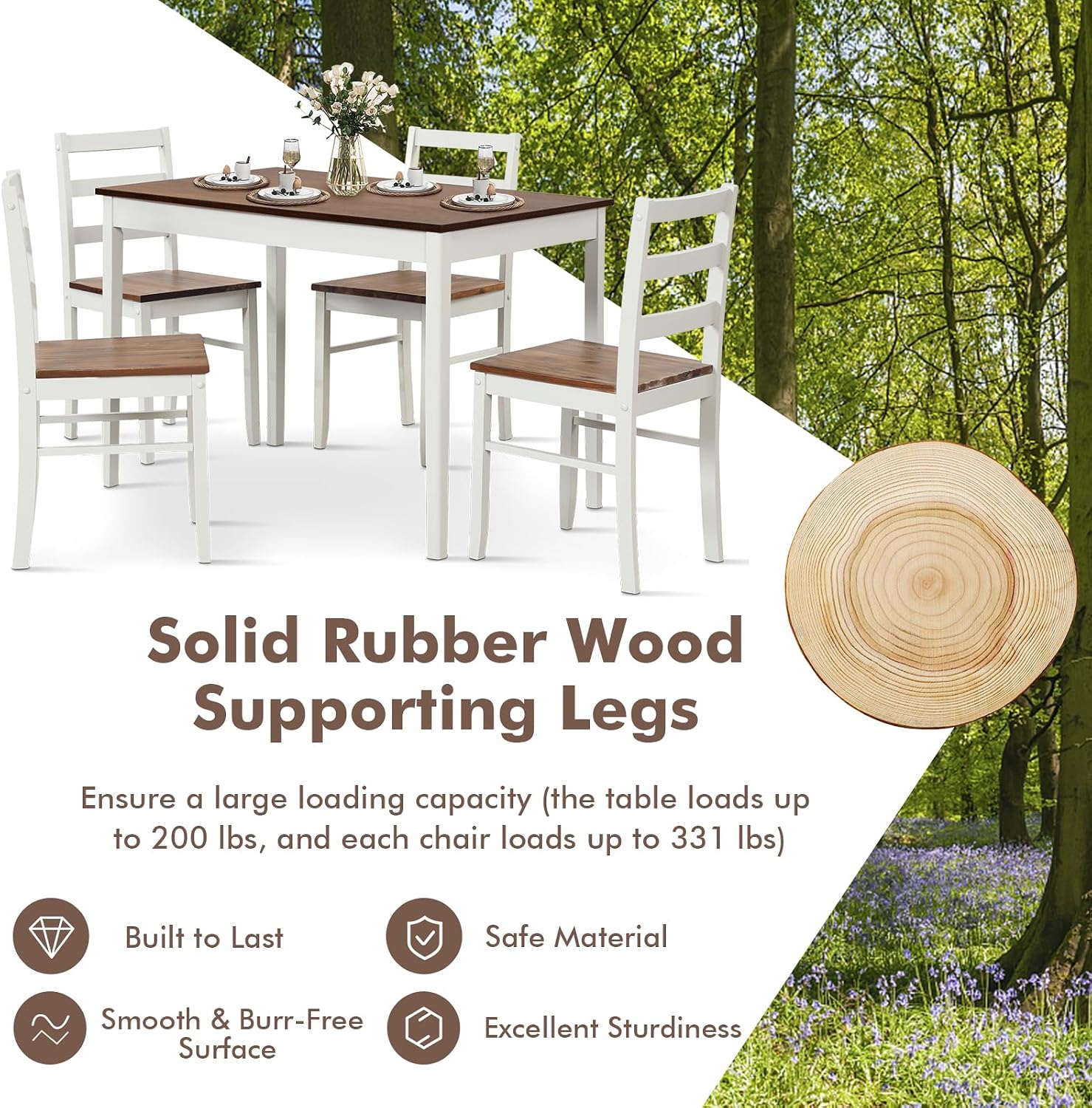 COSTWAY Dining Table Set for 4, Wood Kitchen Table Chairs Set with Rubber Wood Legs, Space-Saving Design, Modern 5-Piece Dinette Set for Small Place, Kitchen, Dining Room, Restaurant, Brown