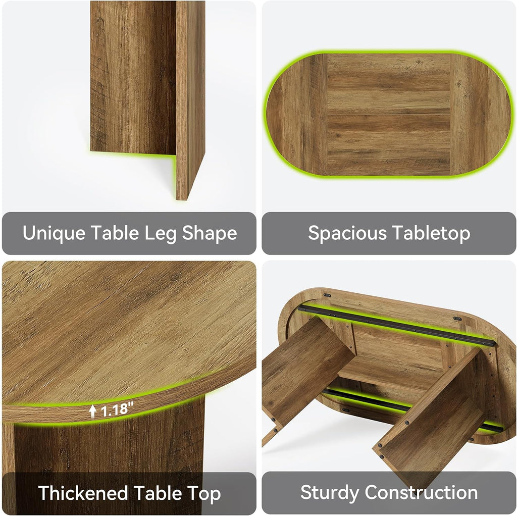 LITTLE TREE 63' Rustic Oval Dining Table for 2-4, Sturdy MDF Farmhouse Kitchen Table with Metal Strip Base, for Living Room, Office, Restaurant, Multi-Use, Umber