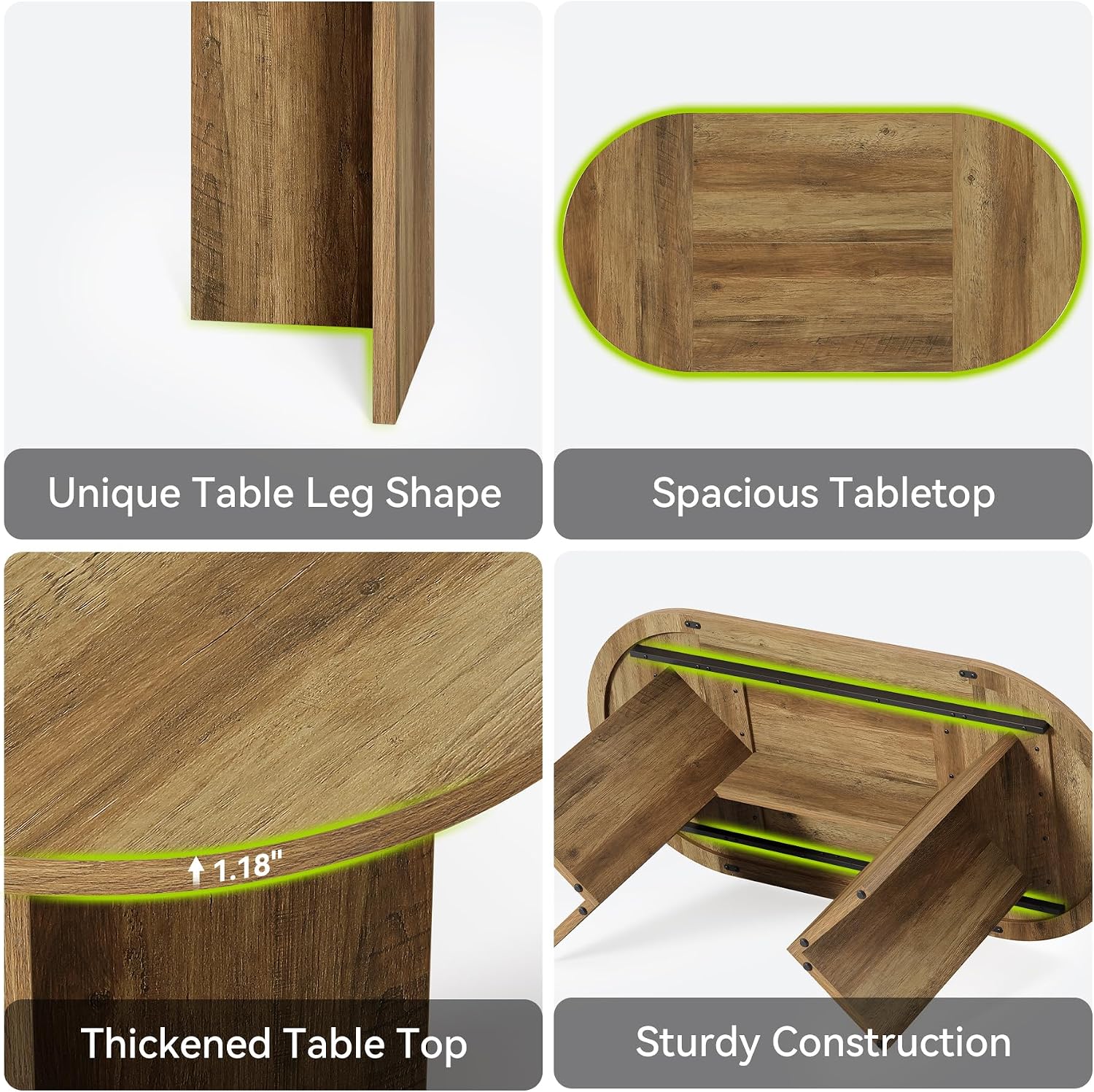 LITTLE TREE 63' Rustic Oval Dining Table for 2-4, Sturdy MDF Farmhouse Kitchen Table with Metal Strip Base, for Living Room, Office, Restaurant, Multi-Use, Umber