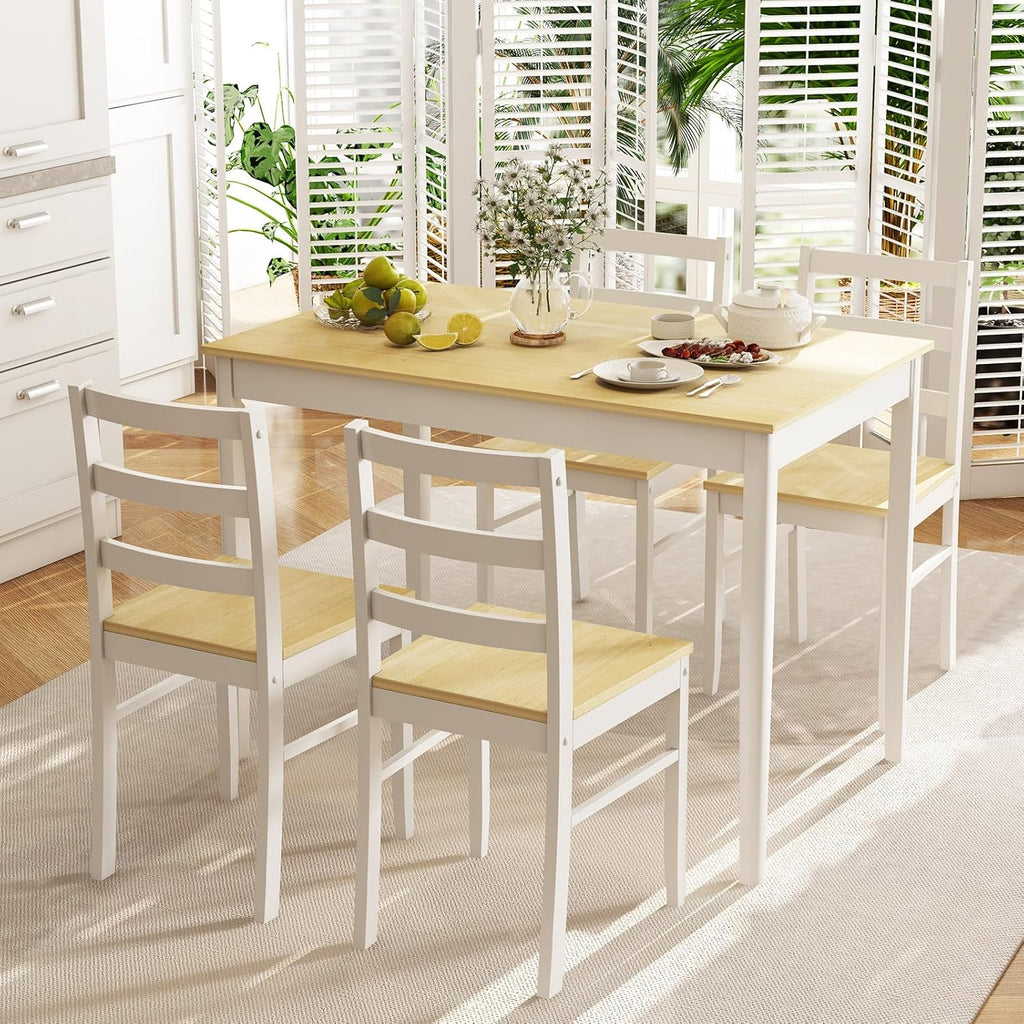 NAFORT Kitchen Table Set for 4, Solid Wood Dining Table and Chairs Set of 4, Farmhouse Dinner Table Set w/Rubber Wood Legs, Mid-Century Modern Dinette Set for Kitchen, Dining Room