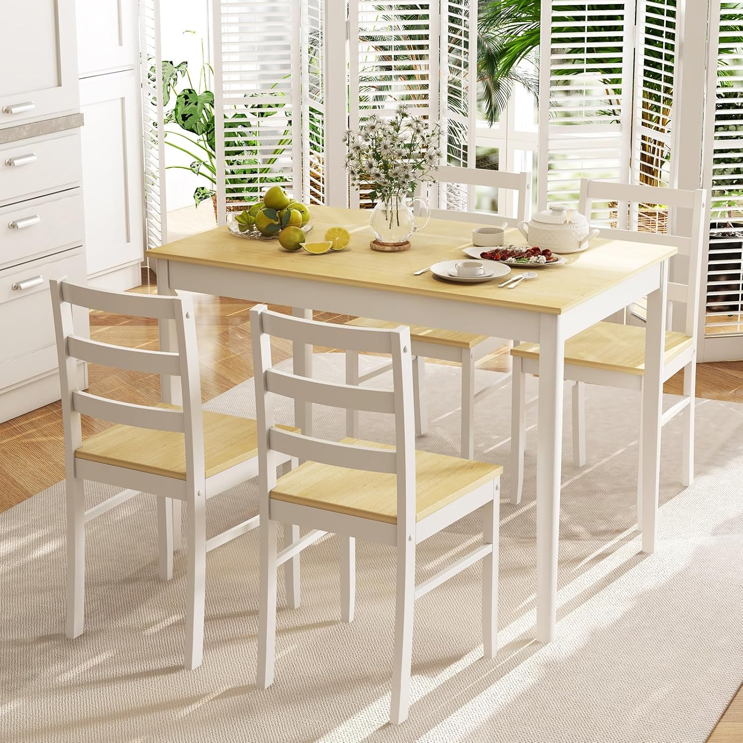 NAFORT Kitchen Table Set for 4, Solid Wood Dining Table and Chairs Set of 4, Farmhouse Dinner Table Set w/Rubber Wood Legs, Mid-Century Modern Dinette Set for Kitchen, Dining Room