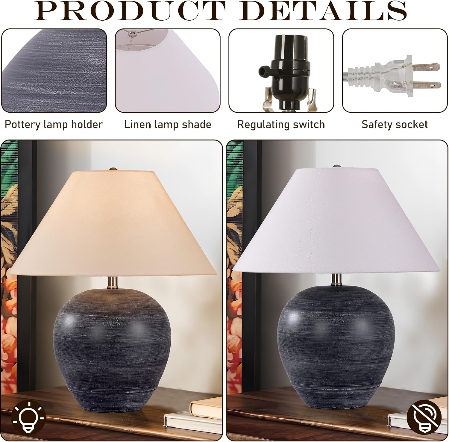 Pia Ricco 21'' Medium Size Black Glossy Ceramic Base Ceramic Basin Table Lamp Set of 2 for Bedroom, Living Room, Dining Room, Office, White Shade,White Striped Black Base