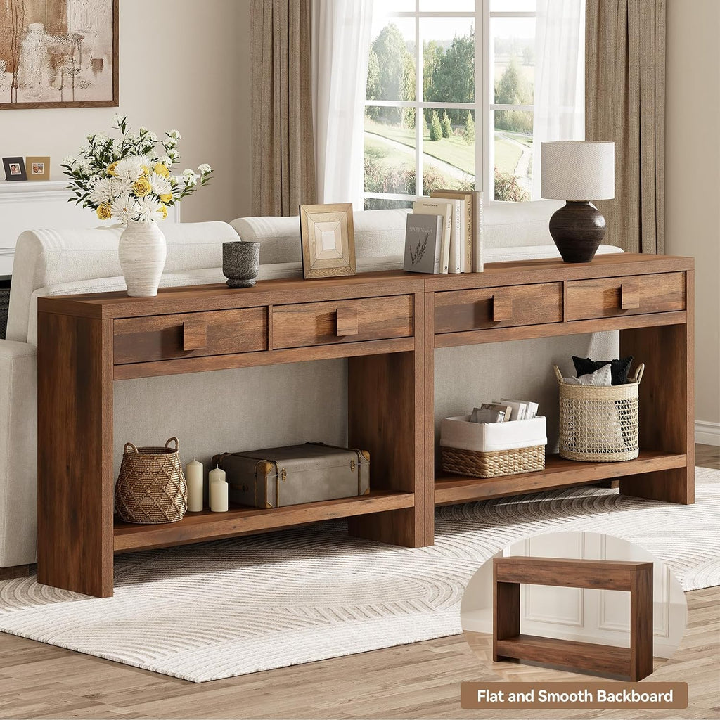 ONBRILL Console Table with Drawers, 47 Inch Narrow Entryway Table with Open Storage Shelves, Mid Century Modern Hallway Accent Tables Behind Couch Table for Living Room (Vintage Brown)