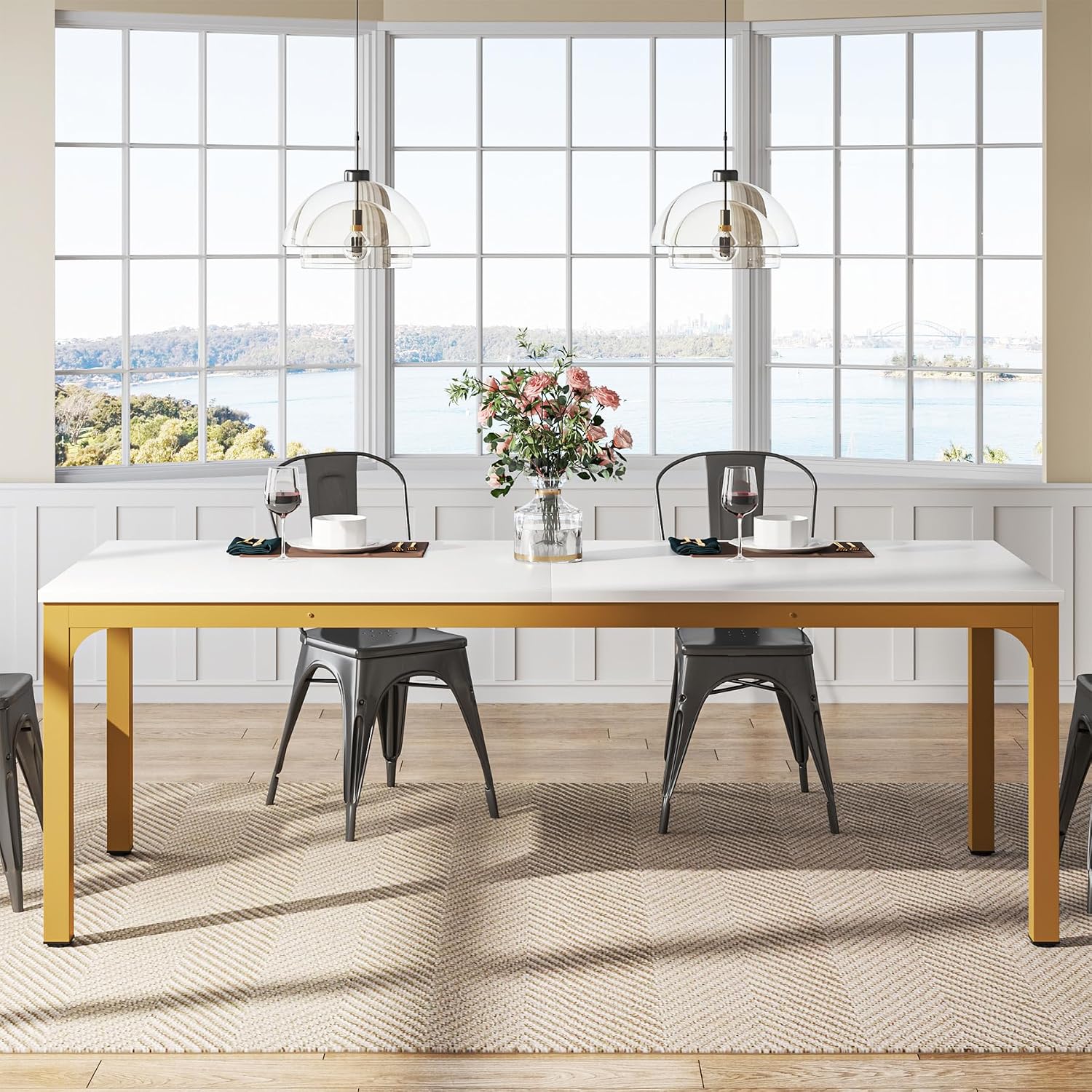 Tribesigns Dining Table for 6-8 Person, 78 inch Long Rectangular Kitchen Dining Table for Living Room and Dining Room, 78.7 x 27.5 x 29.5 Inches(Only Table) (White + Gold)