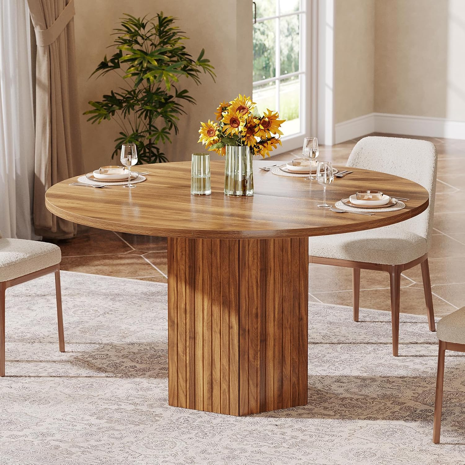 Tribesigns Wood Round Dining Kitchen Table for Dining Room, 47 inch Dinner Table 4-6 People with Heavy Duty Pedestal Base Circle Tabletop for Kitchen Living Room, Brown