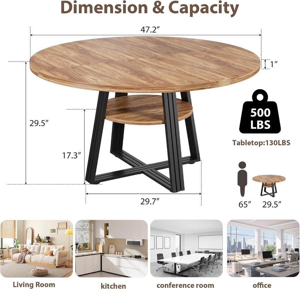 GarveeHome Round Dining Table for 4-6, 47.2 in Farmhouse Kitchen Table with Storage, Circle Dinner Tables for Kitchen, Dining Room, Living Room, Meeting Room, Apartment, Retro (Only Table)