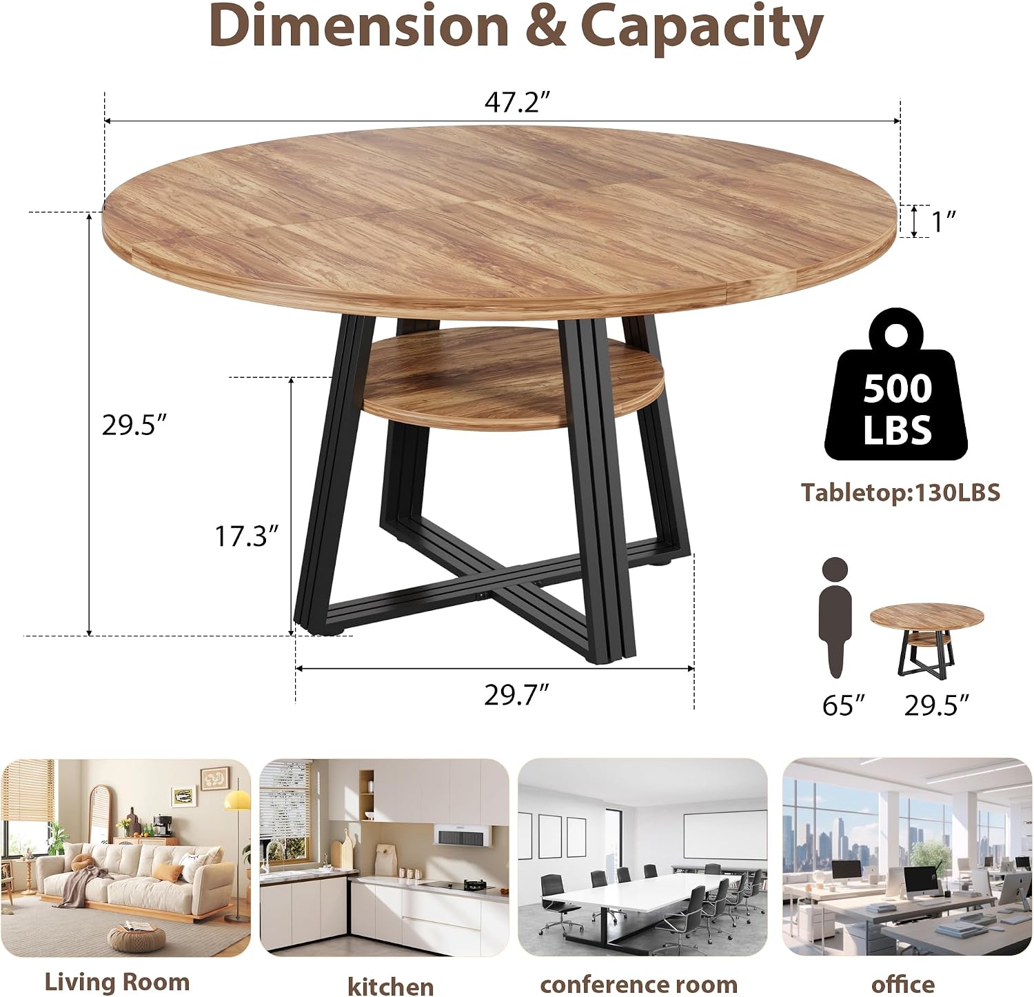 GarveeHome Round Dining Table for 4-6, 47.2 in Farmhouse Kitchen Table with Storage, Circle Dinner Tables for Kitchen, Dining Room, Living Room, Meeting Room, Apartment, Retro (Only Table)