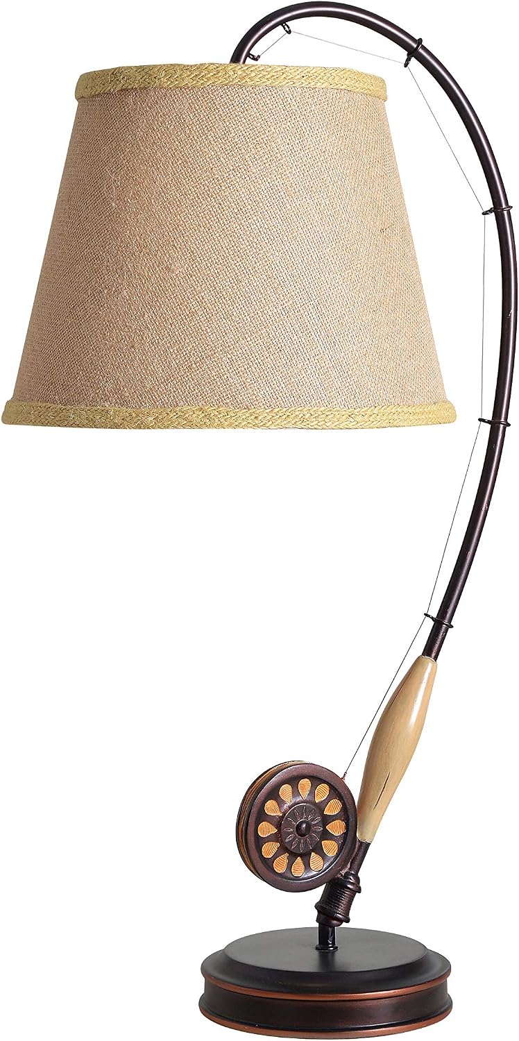 Kenroy Home 32193ORB Fly Rod Table Lamp with Oil Rubbed Bronze w/Wood Accent Finish, Rustic Style, 27.5' Height, 12' Width, 14.5' Depth