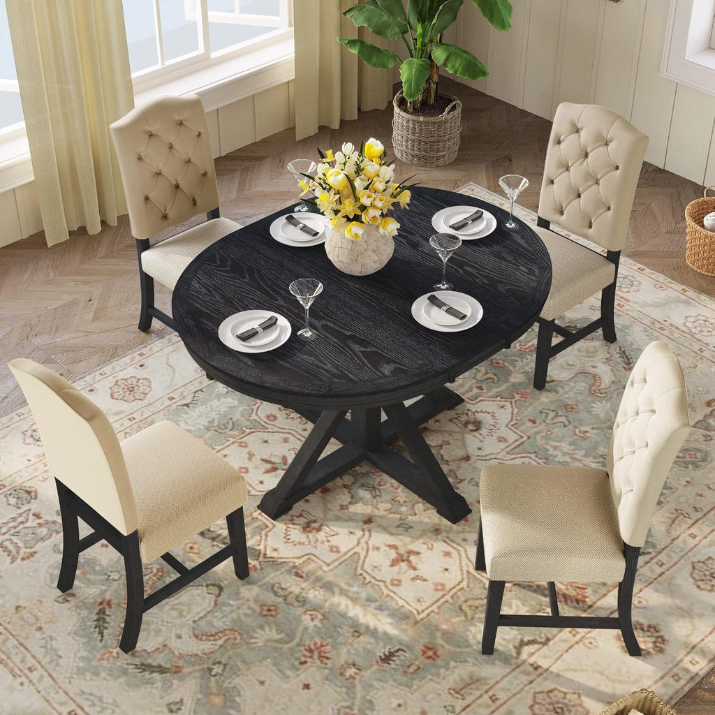 LUMISOL 5-Piece Solid Wood Dining Table Set for 4, Farmhouse Extendable Round Kitchen Table Set with 4 Upholstered Chairs for Kitchen, Dining Room, Living Room, Espresso+Dark Beige