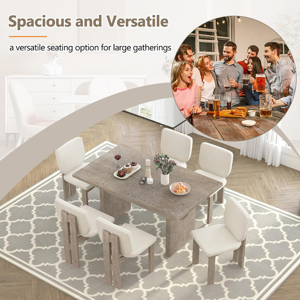 Merax Wood Dining Table Set for 6, Rectangular Tabletop/Upholstered Chairs/Retro Geometric Design, Ideal for Dining-Room and Kitchen, Natural