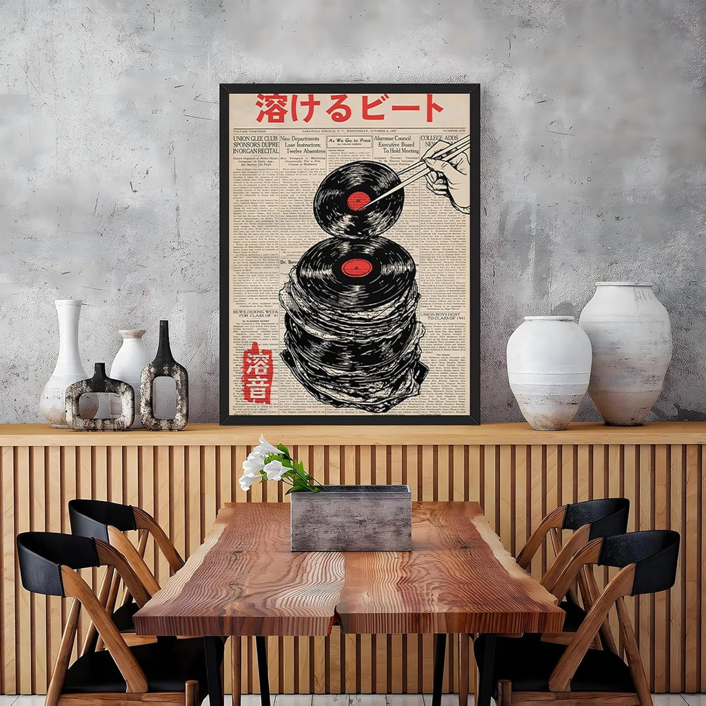 RINMFEO Japanese Retro Music Canvas Art Vintage Melting Vinyl Record Newspaper Print Abstract Beat Poster Funny Aesthetic Wall Decor For Home Bedroom Dorm 24x36inch Black frame