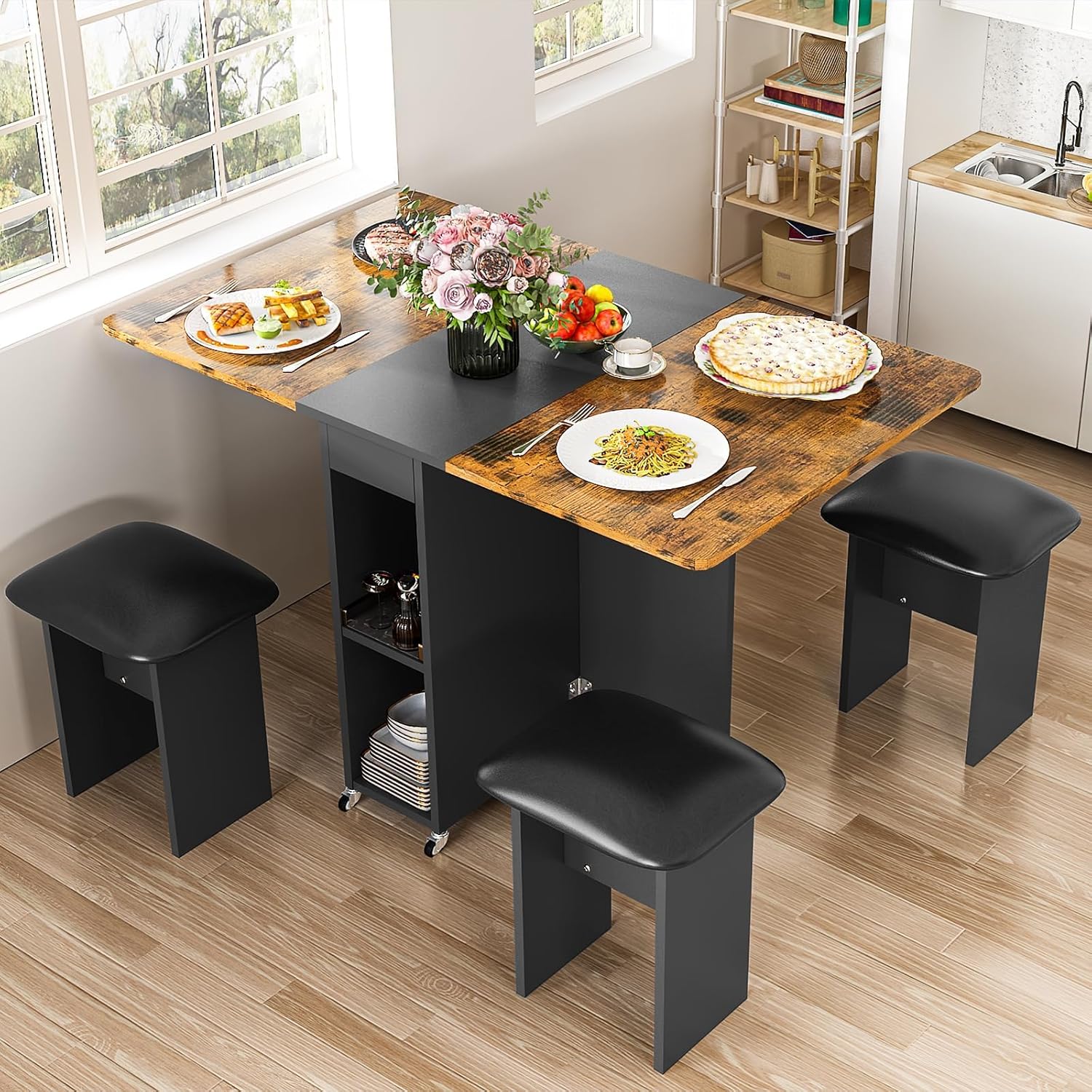 AWQM Foldable Dining Table Set for 4,Folding Dining Table with 4 Leather Chairs & Storage,Drop Leaf Dinner Table with 6 Wheels,Folding Kitchen Table and Chairs Set for Small Spaces,Walnut